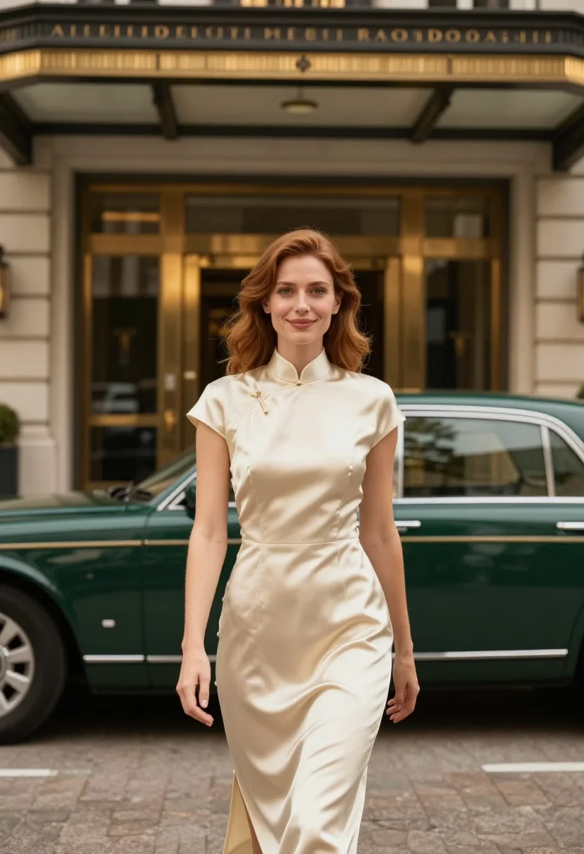 AI the peninsula hong kong lobby gilt green sample — portrait of a woman, a French guest in her mid-thirties with