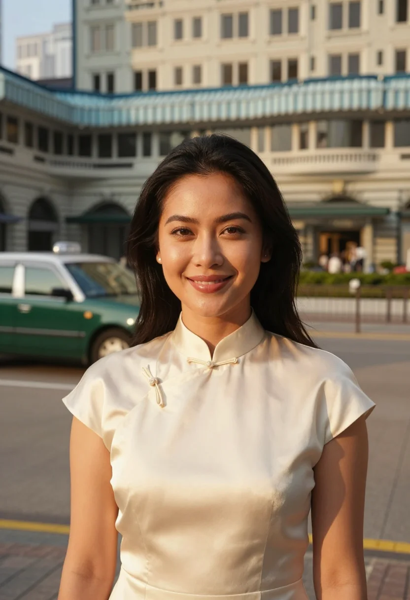 AI the peninsula hong kong lobby gilt green sample — portrait of a woman, a Filipino guest in her late twenties w