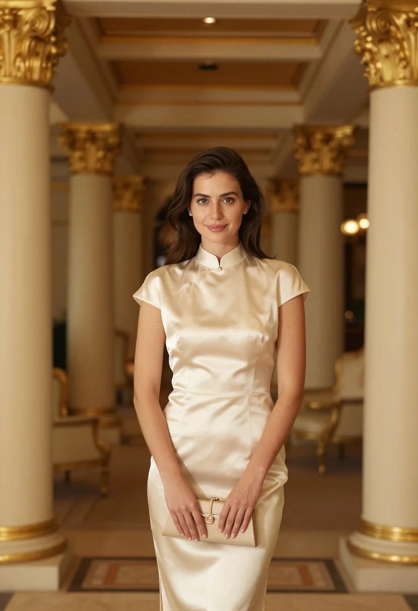 AI the peninsula hong kong lobby gilt green sample — portrait of a woman, a Eurasian guest in her mid-twenties wi