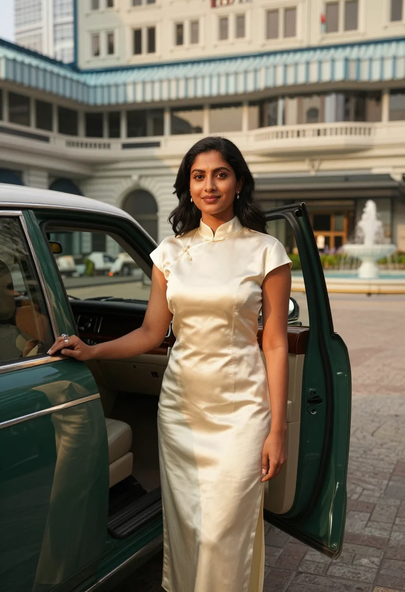 AI the peninsula hong kong lobby gilt green sample — portrait of a woman, an Indian guest in her early thirties w