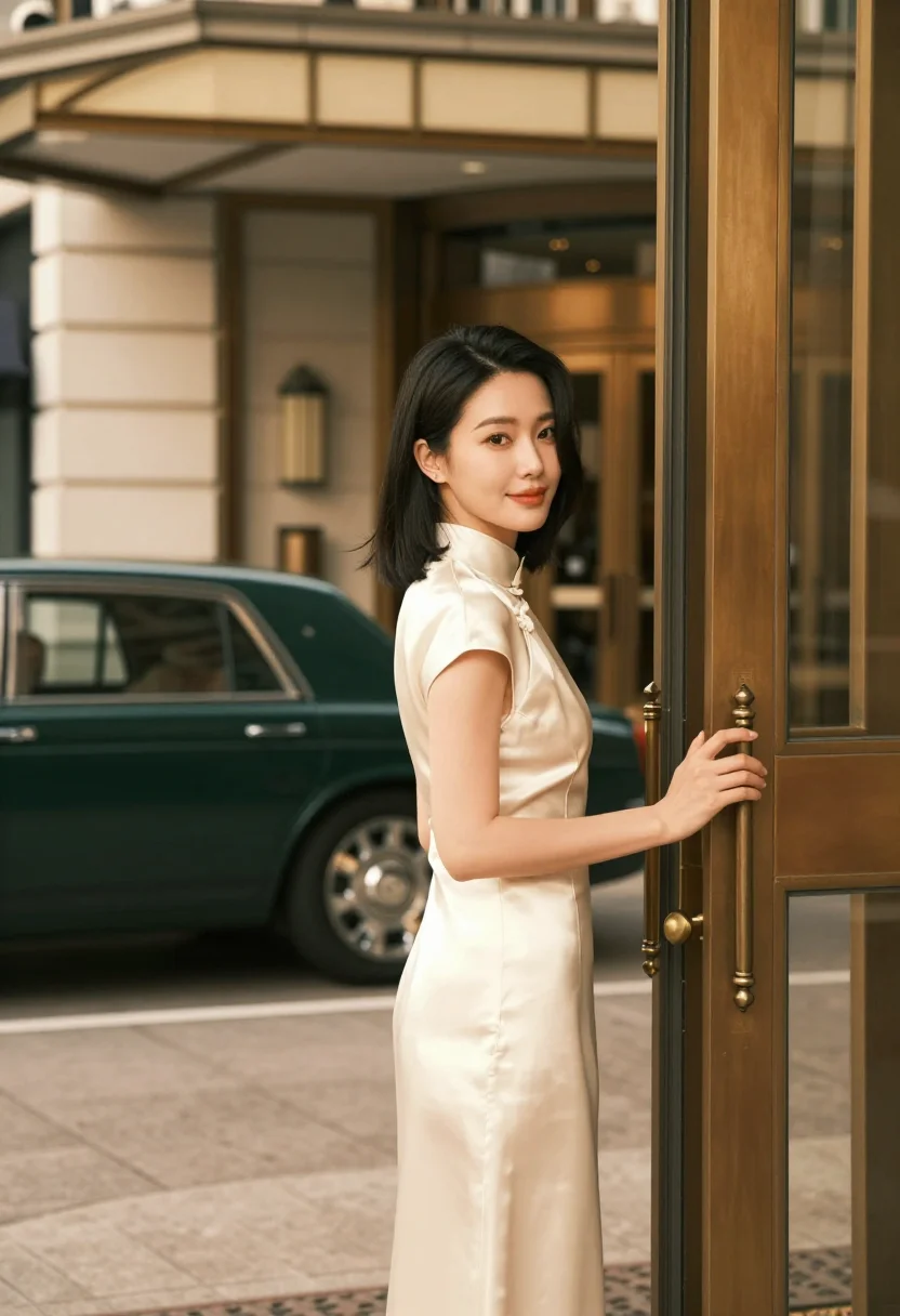AI the peninsula hong kong lobby gilt green sample — portrait of a woman, a Korean guest in her late twenties wit