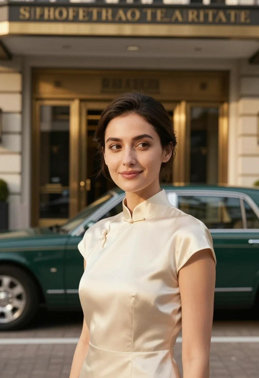 AI the peninsula hong kong lobby gilt green sample — portrait of a woman, an Italian guest in her early thirties