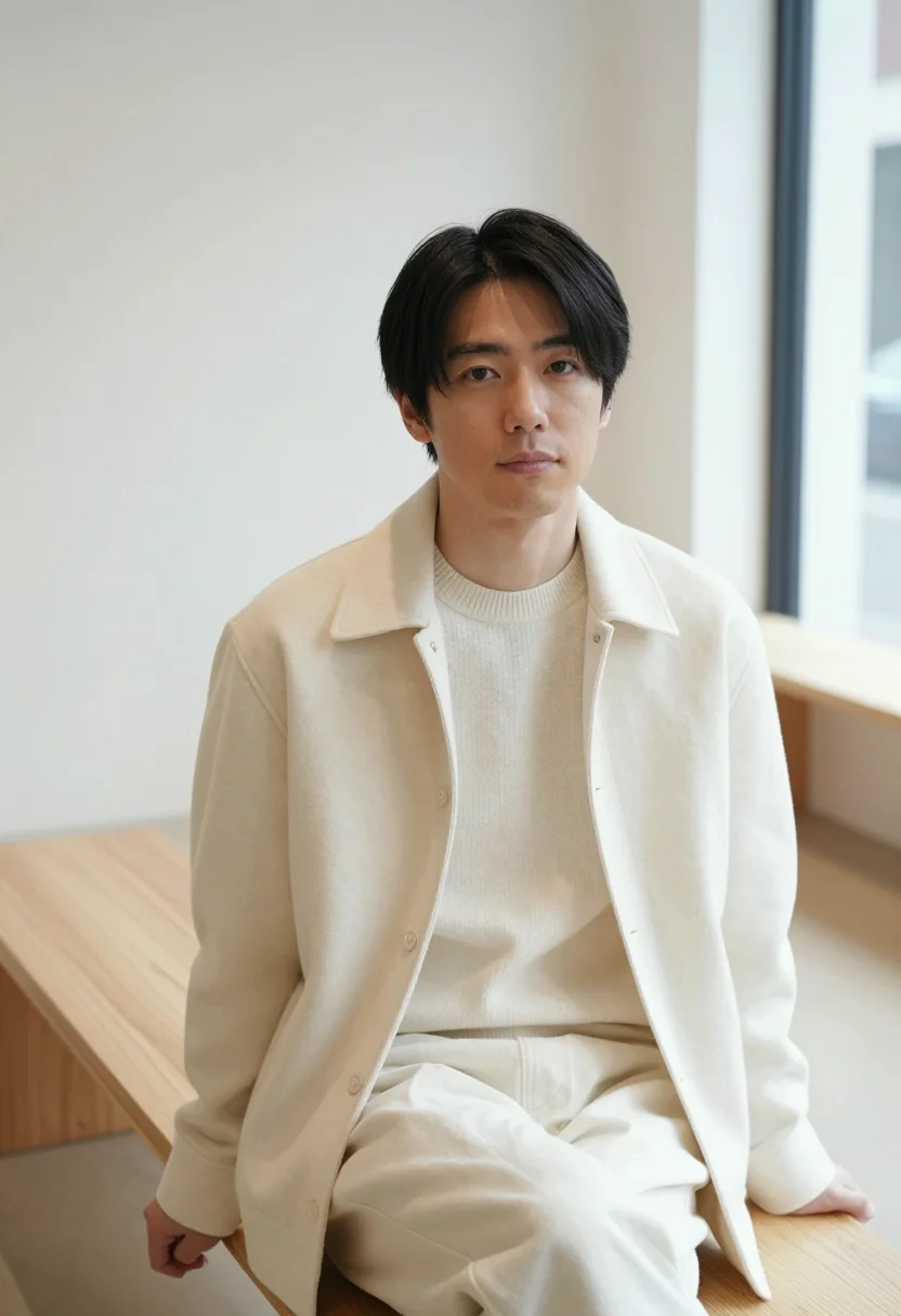AI the row mercer street ivory tailoring men sample — portrait of a man, a Japanese-American man in his early thir