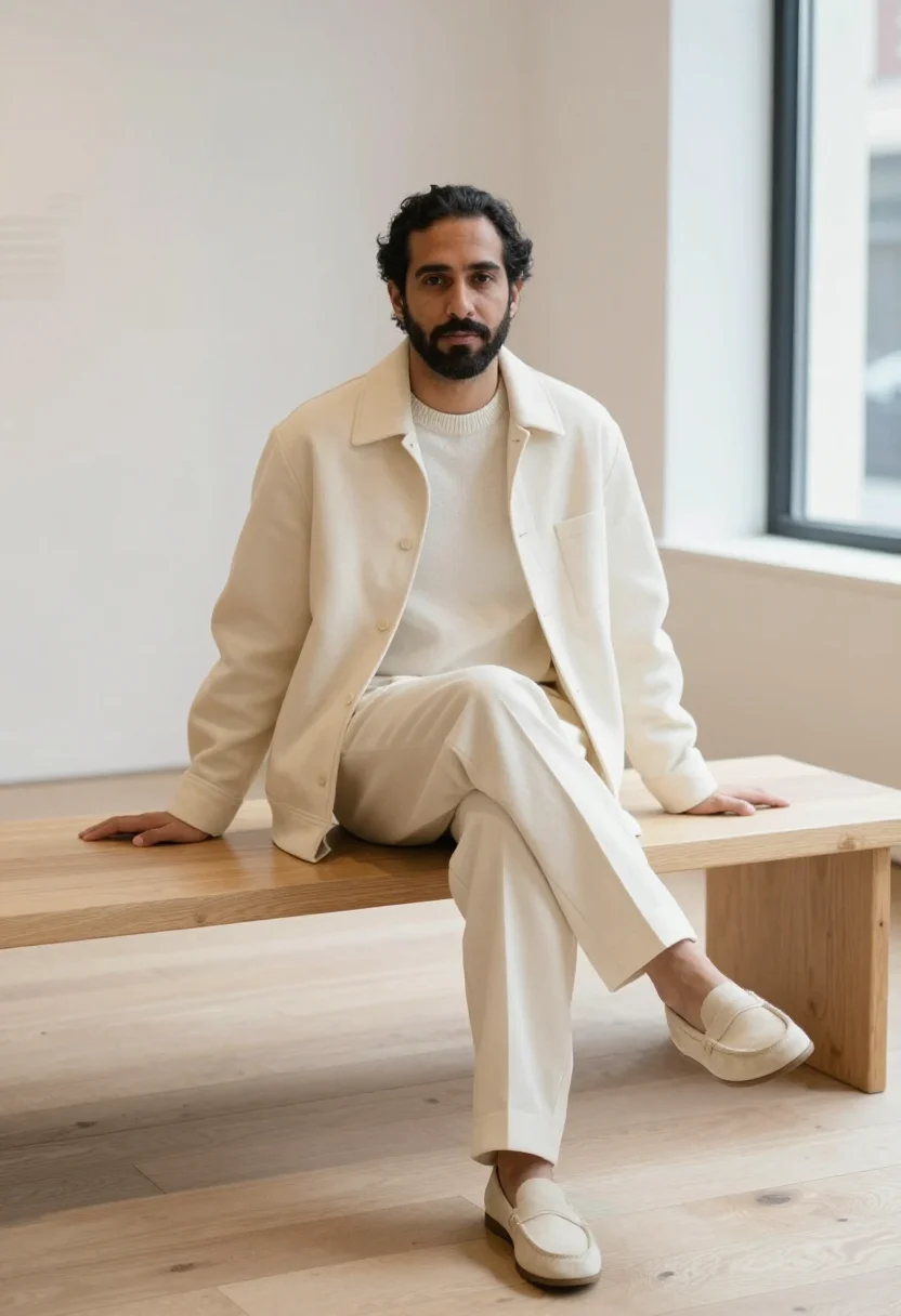 AI the row mercer street ivory tailoring men sample — portrait of a man, a Spanish man in his late thirties with g