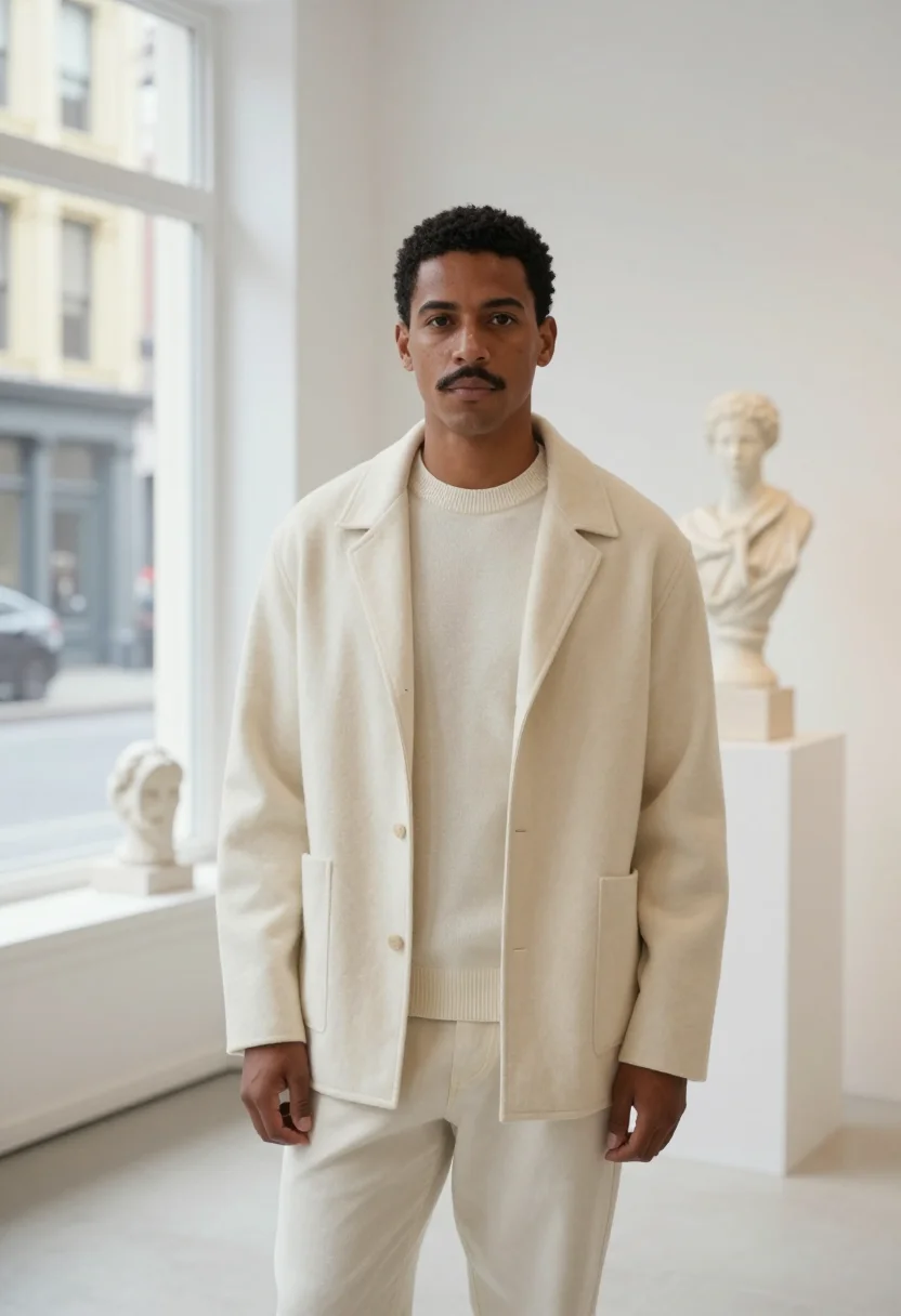 AI the row mercer street ivory tailoring men sample — portrait of a man, a Brazilian man in his mid-thirties with