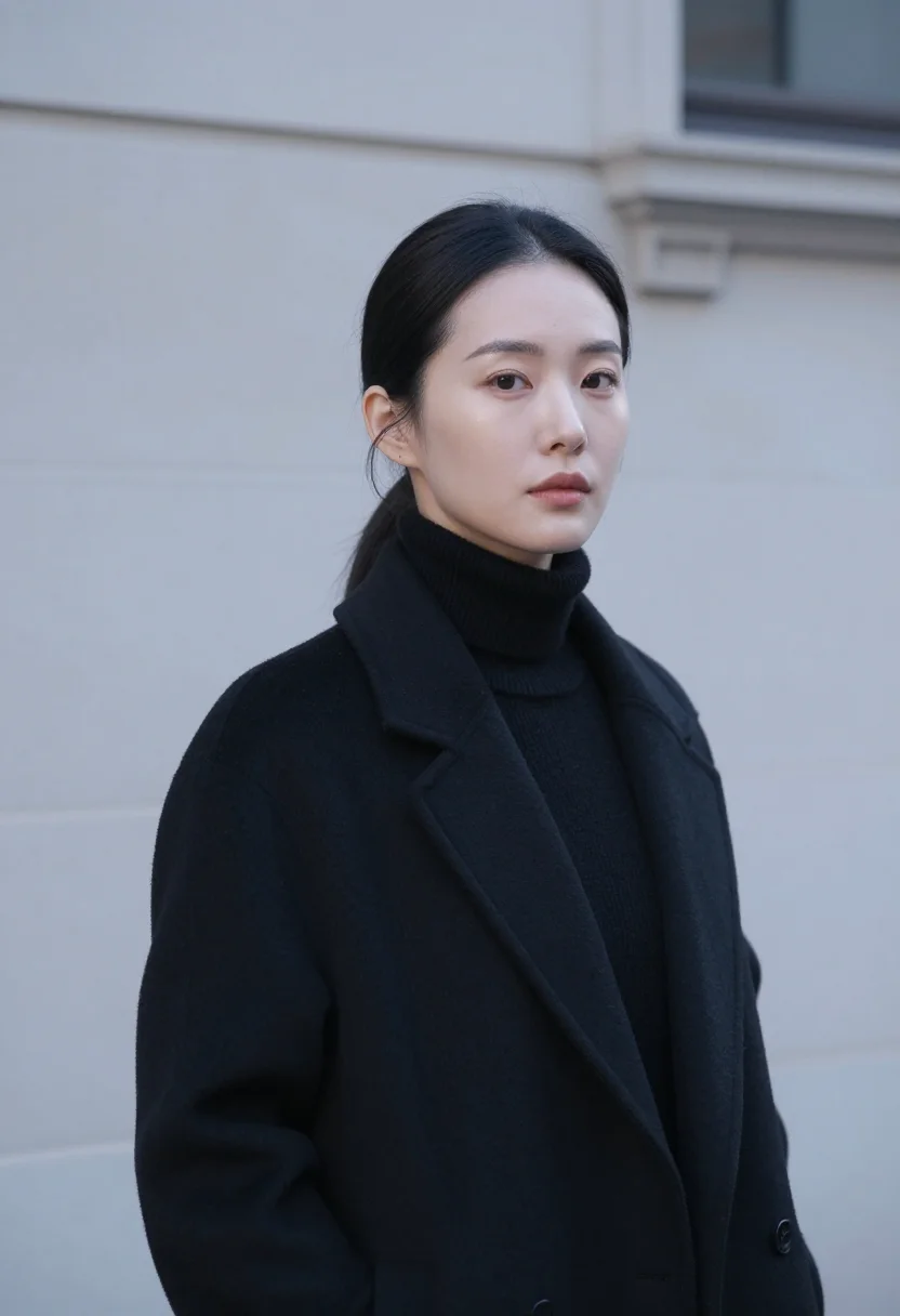 AI the row upper east side black cashmere coat sample — portrait of a woman, a Korean-American woman in her late twe