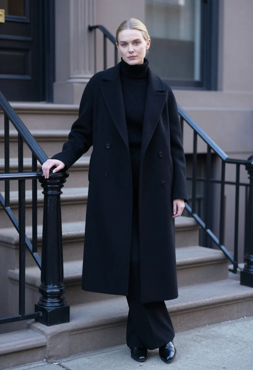 AI the row upper east side black cashmere coat sample — portrait of a woman, a French woman in her late twenties wit