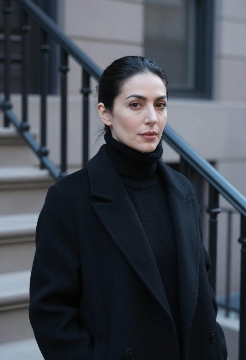 AI the row upper east side black cashmere coat sample — portrait of a woman, an Italian-American woman in her early