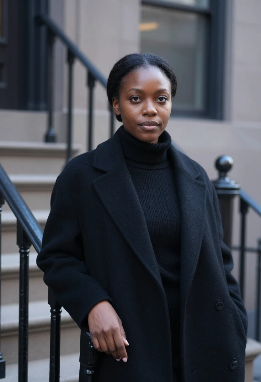 AI the row upper east side black cashmere coat sample — portrait of a woman, an African-American woman in her early