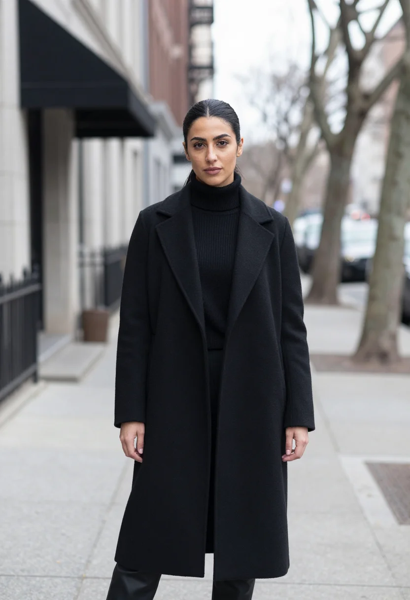 AI the row upper east side black cashmere coat sample — portrait of a woman, a Lebanese-American woman in her early