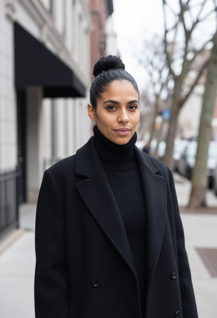 AI the row upper east side black cashmere coat sample — portrait of a woman, a Puerto Rican woman in her mid-thirtie