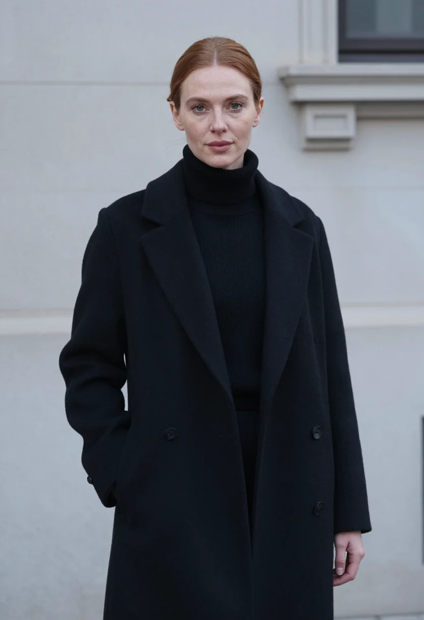 AI the row upper east side black cashmere coat sample — portrait of a woman, an Irish-American woman in her mid-thir
