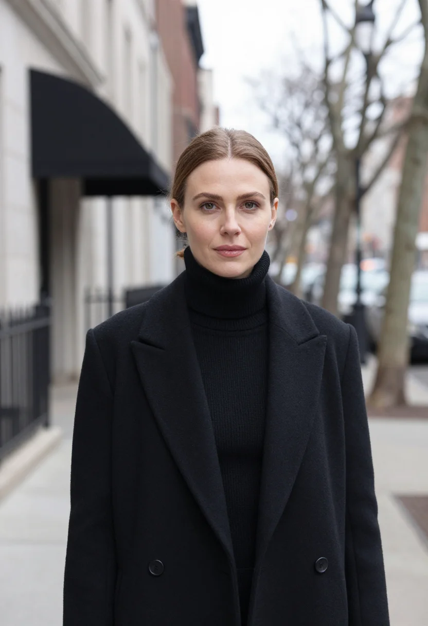 AI the row upper east side black cashmere coat sample — portrait of a woman, a British woman in her late thirties wi