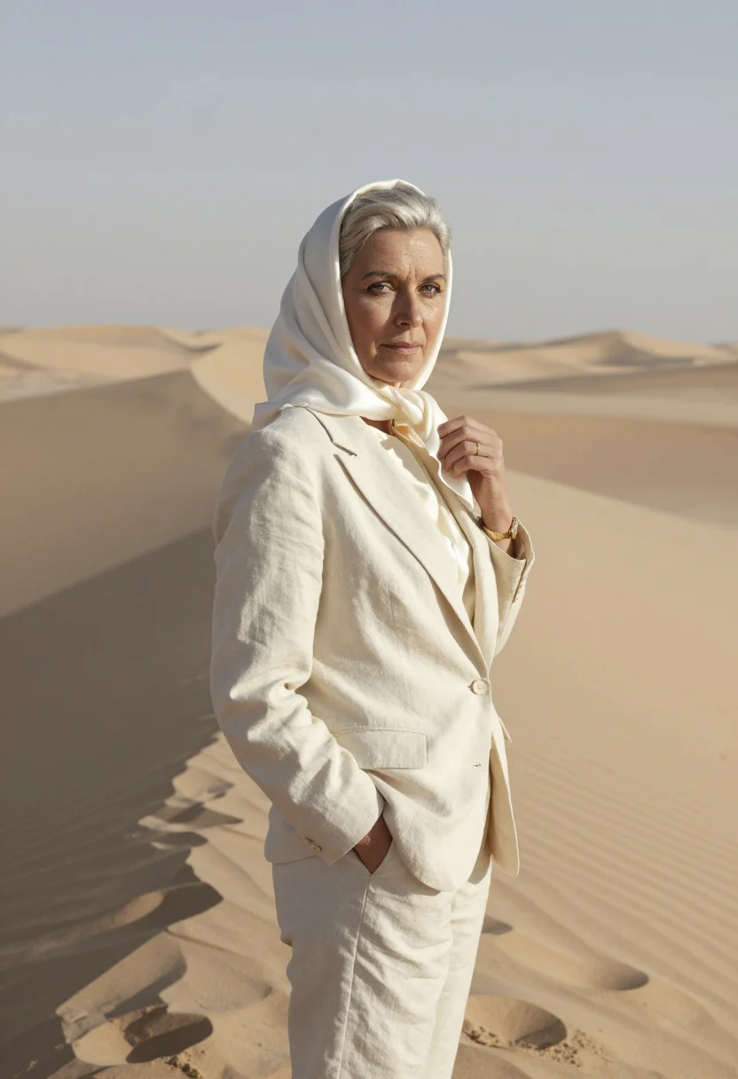 AI the sheltering sky tangier sahara ivory sample — portrait of a woman, a traveller in her forties of American