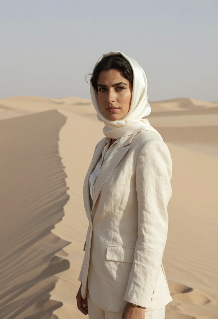 AI the sheltering sky tangier sahara ivory sample — portrait of a woman, a traveller in her early thirties of Sp