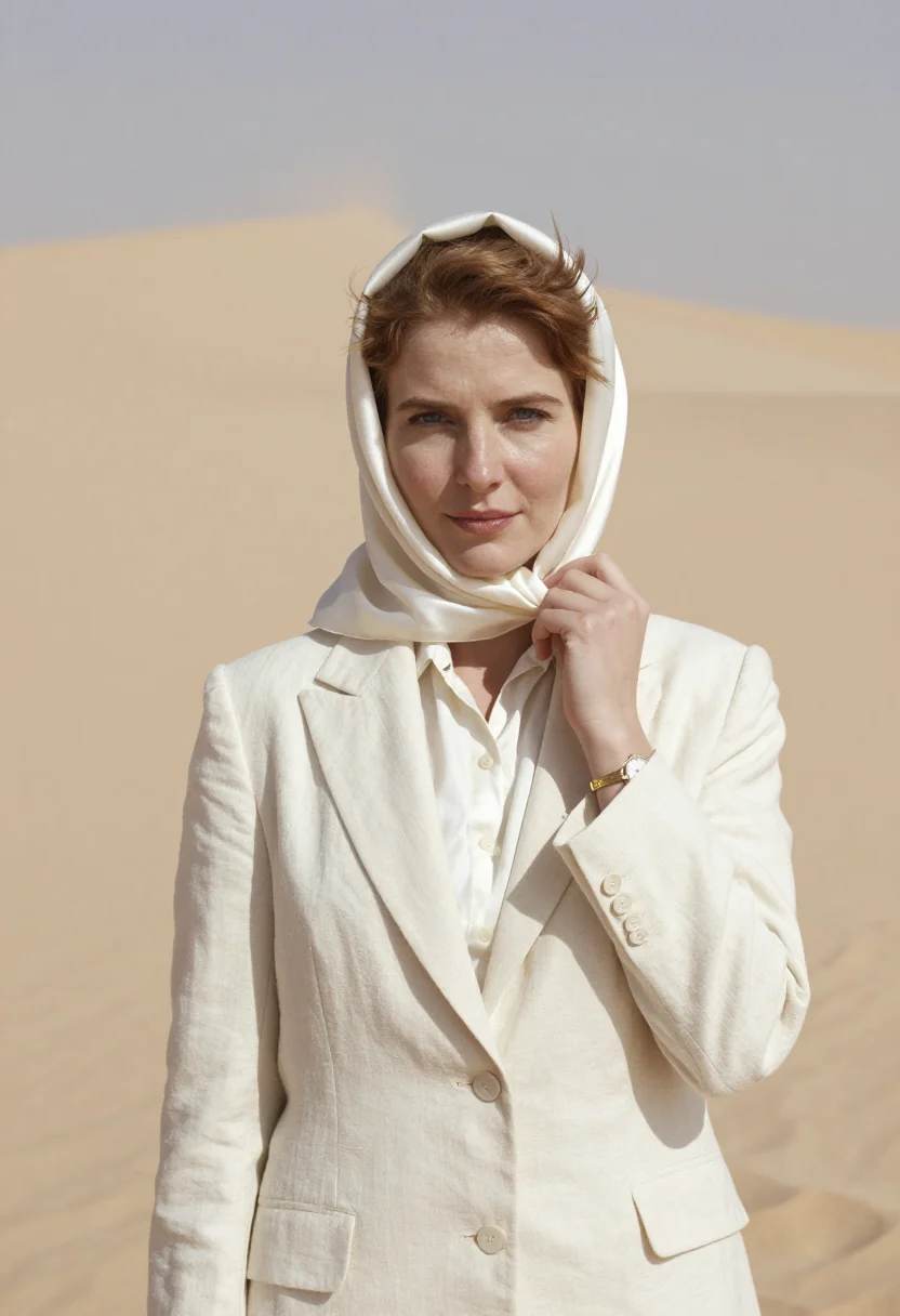 AI the sheltering sky tangier sahara ivory sample — portrait of a woman, a traveller in her late twenties of Eng