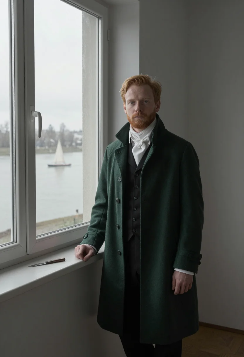 AI the wanderer sample — portrait of a man, in his late twenties with fair skin, blue