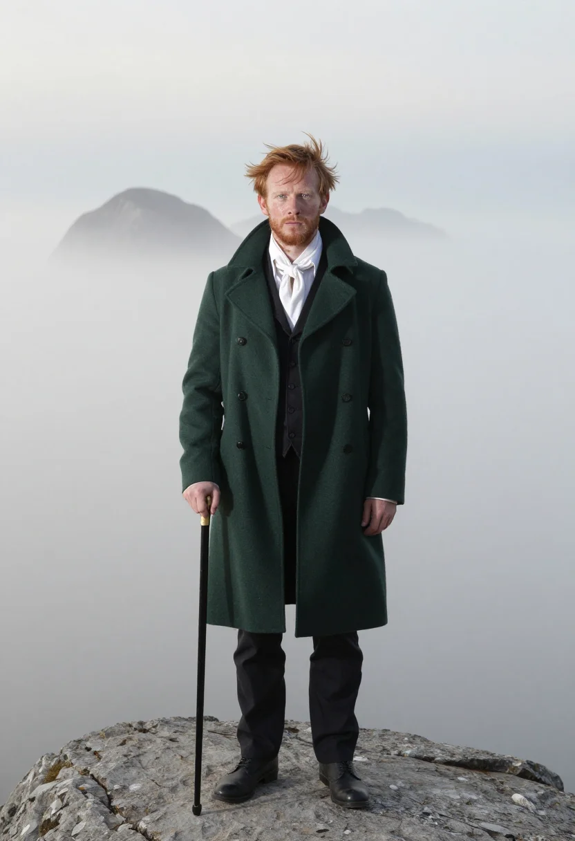 AI the wanderer sample — portrait of a man, in his late twenties with fair skin, blue