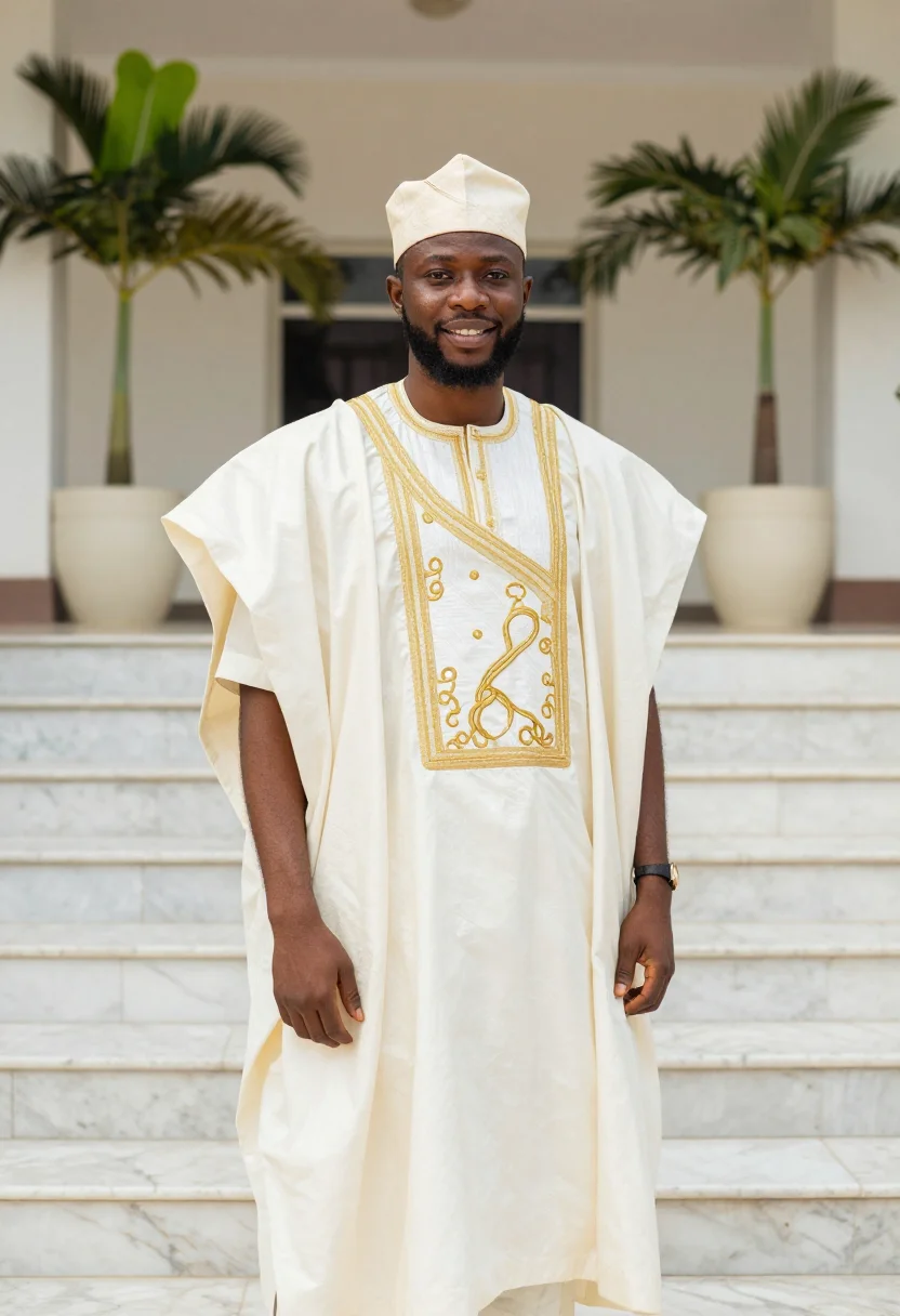 AI the wedding party lagos agbada groomsman cream sample — portrait of a man, a groomsman, a Yoruba man in his early th