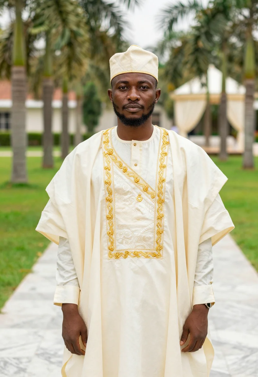 AI the wedding party lagos agbada groomsman cream sample — portrait of a man, a groomsman, a Yoruba man in his early th