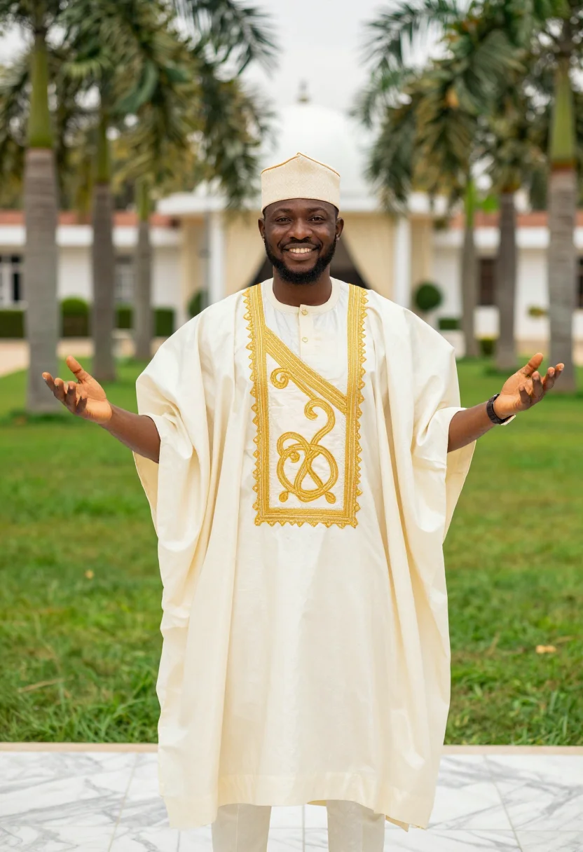 AI the wedding party lagos agbada groomsman cream sample — portrait of a man, a groomsman, a Yoruba man in his early th