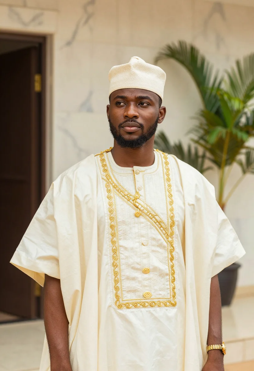 AI the wedding party lagos agbada groomsman cream sample — portrait of a man, a groomsman, a Yoruba man in his early th