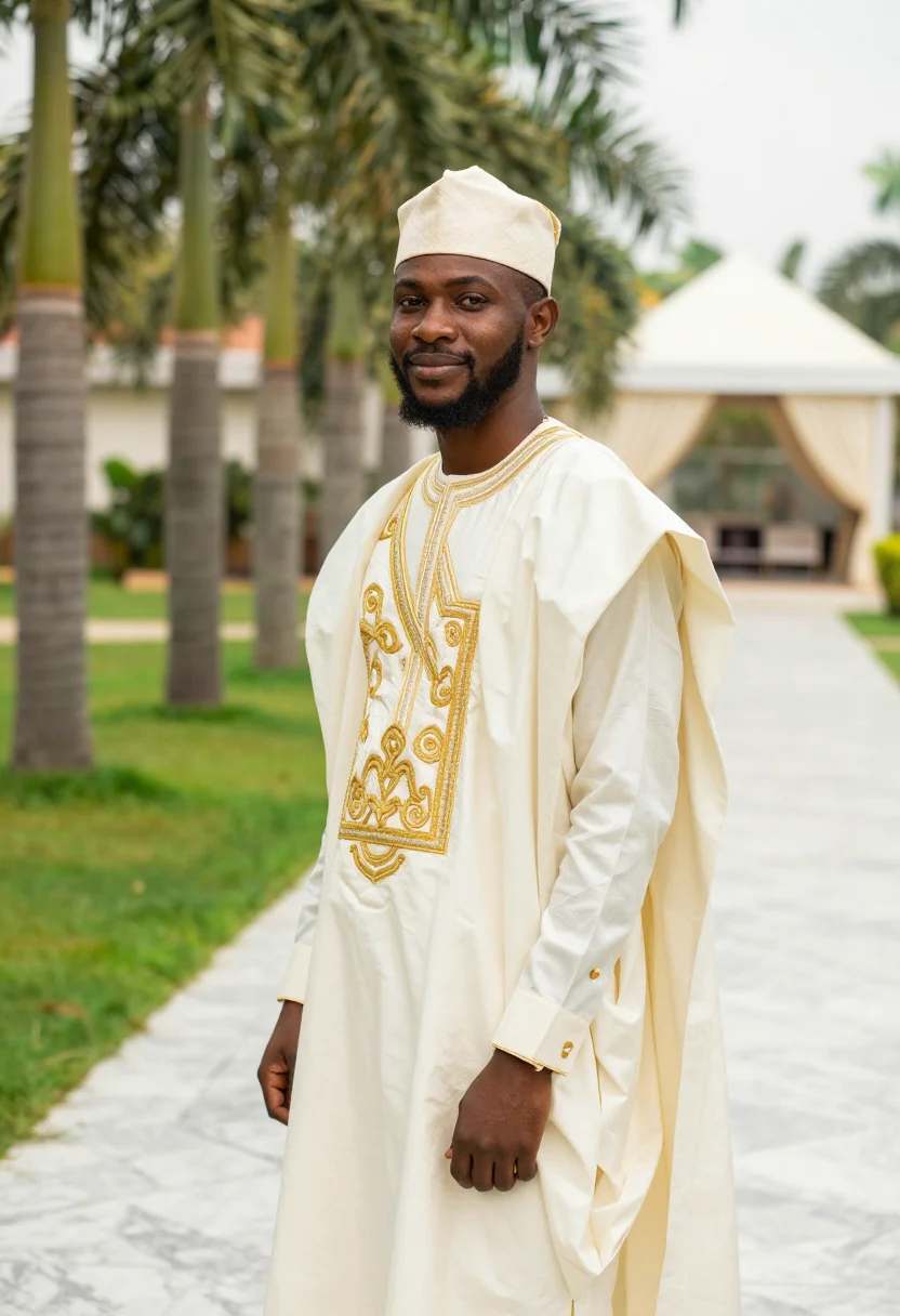 AI the wedding party lagos agbada groomsman cream sample — portrait of a man, a groomsman, a Yoruba man in his early th