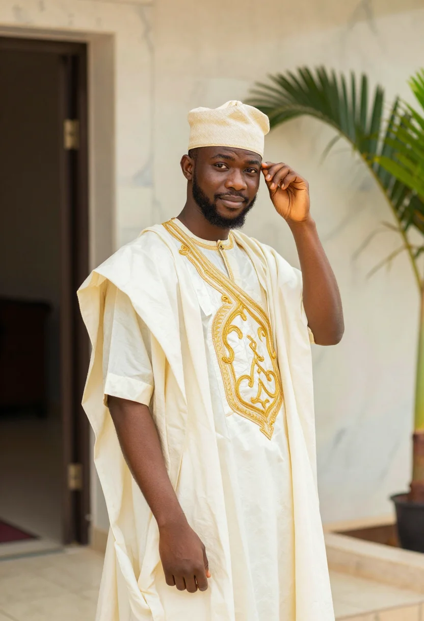 AI the wedding party lagos agbada groomsman cream sample — portrait of a man, a groomsman, a Yoruba man in his early th