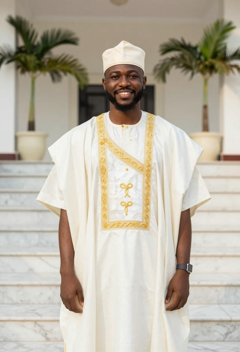 AI the wedding party lagos agbada groomsman cream sample — portrait of a man, a groomsman, a Yoruba man in his early th