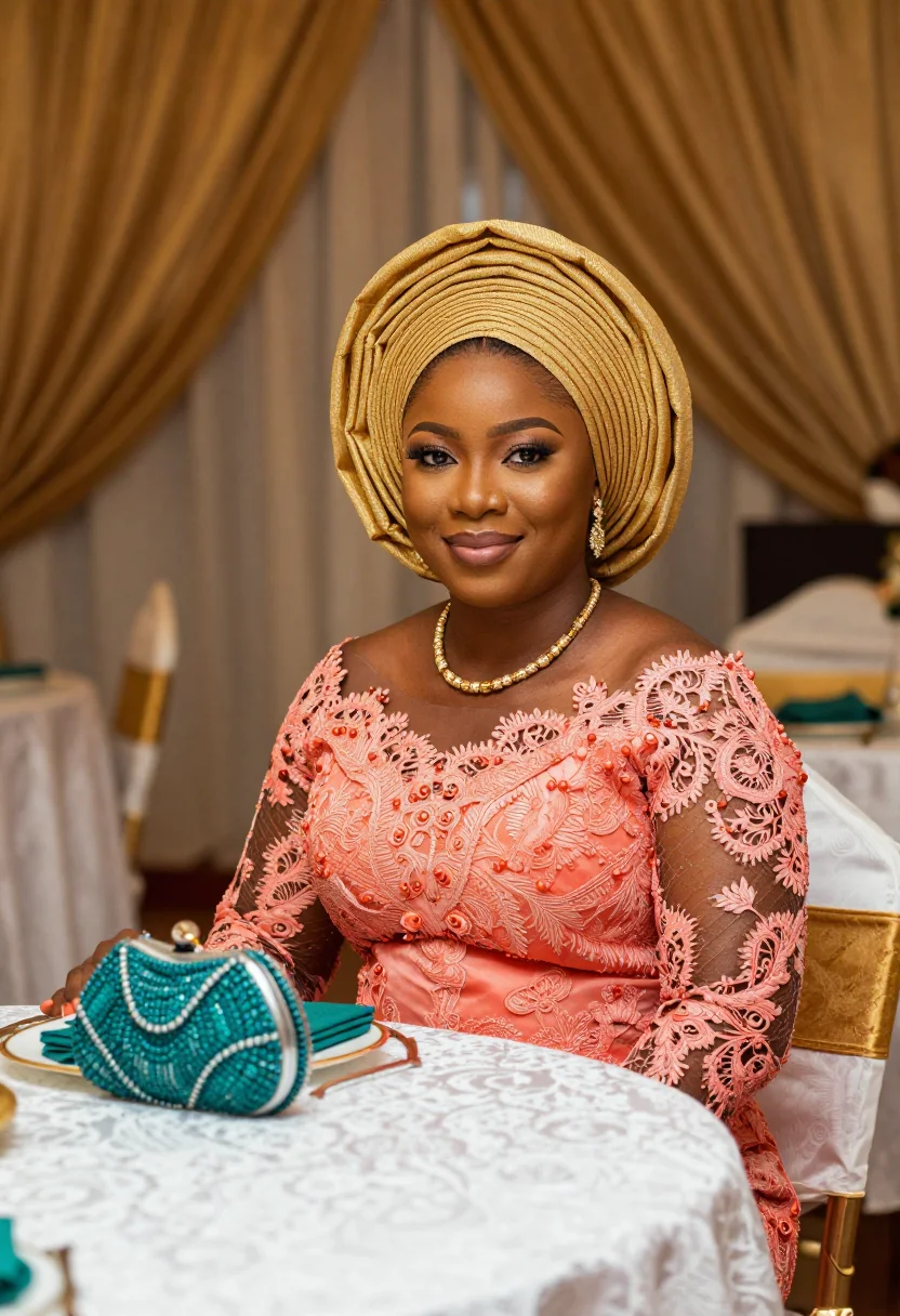 AI the wedding party lagos aso ebi palette sample — portrait of a woman, a wedding guest of the bride's side, a