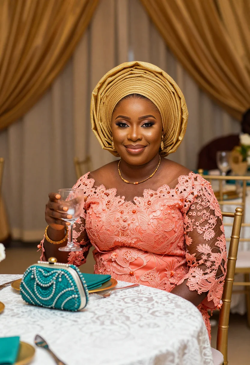 AI the wedding party lagos aso ebi palette sample — portrait of a woman, a wedding guest of the bride's side, a