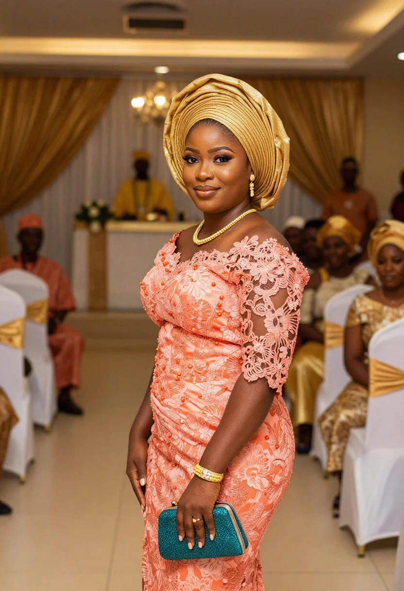 AI the wedding party lagos aso ebi palette sample — portrait of a woman, a wedding guest of the bride's side, a