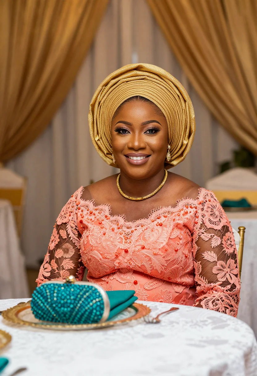 AI the wedding party lagos aso ebi palette sample — portrait of a woman, a wedding guest of the bride's side, a