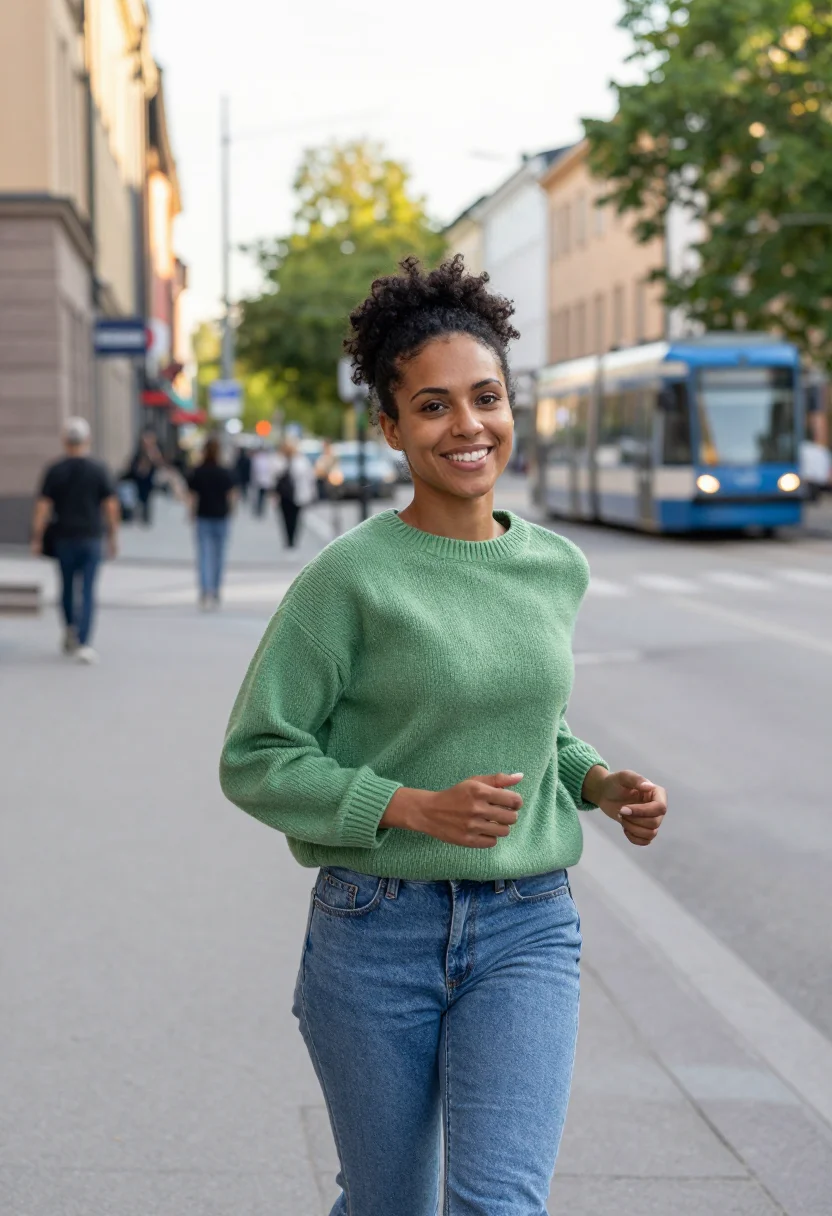 AI the worst person in the world oslo frozen city run sample — portrait of a woman, in her early thirties, of Norwegian-Som