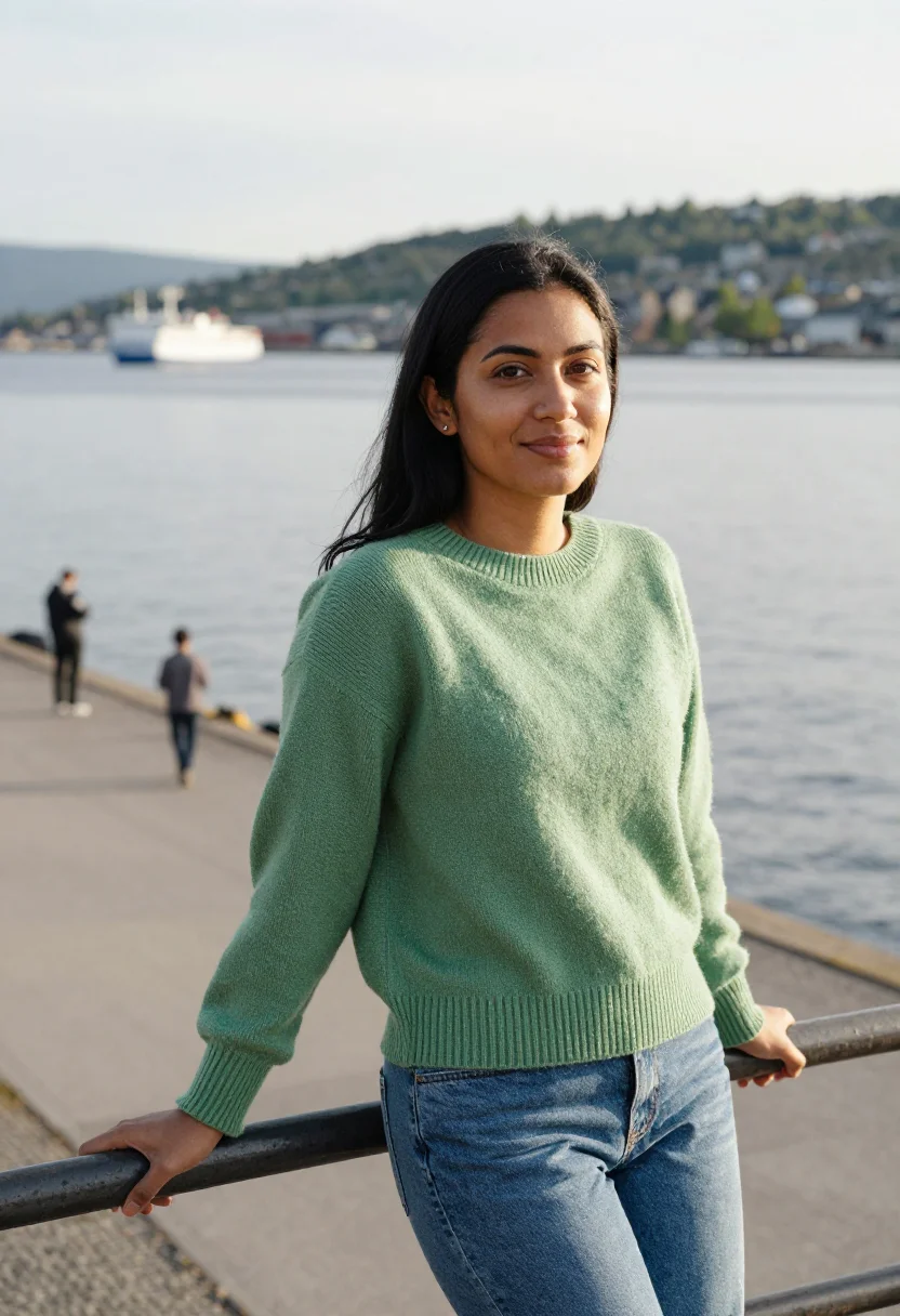 AI the worst person in the world oslo frozen city run sample — portrait of a woman, in her late twenties, of Norwegian-Paki