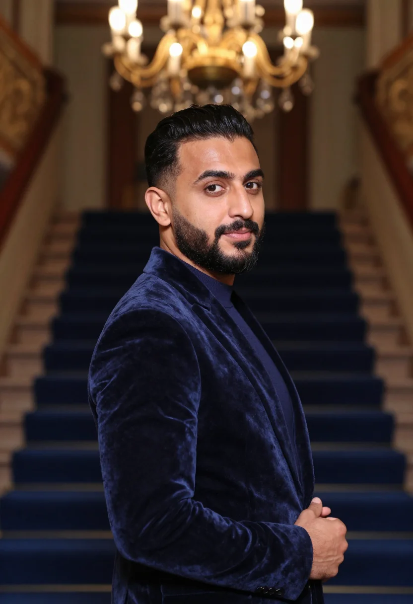 AI theatre foyer midnight sample — portrait of a man, chest-up portrait of a Middle-Eastern man
