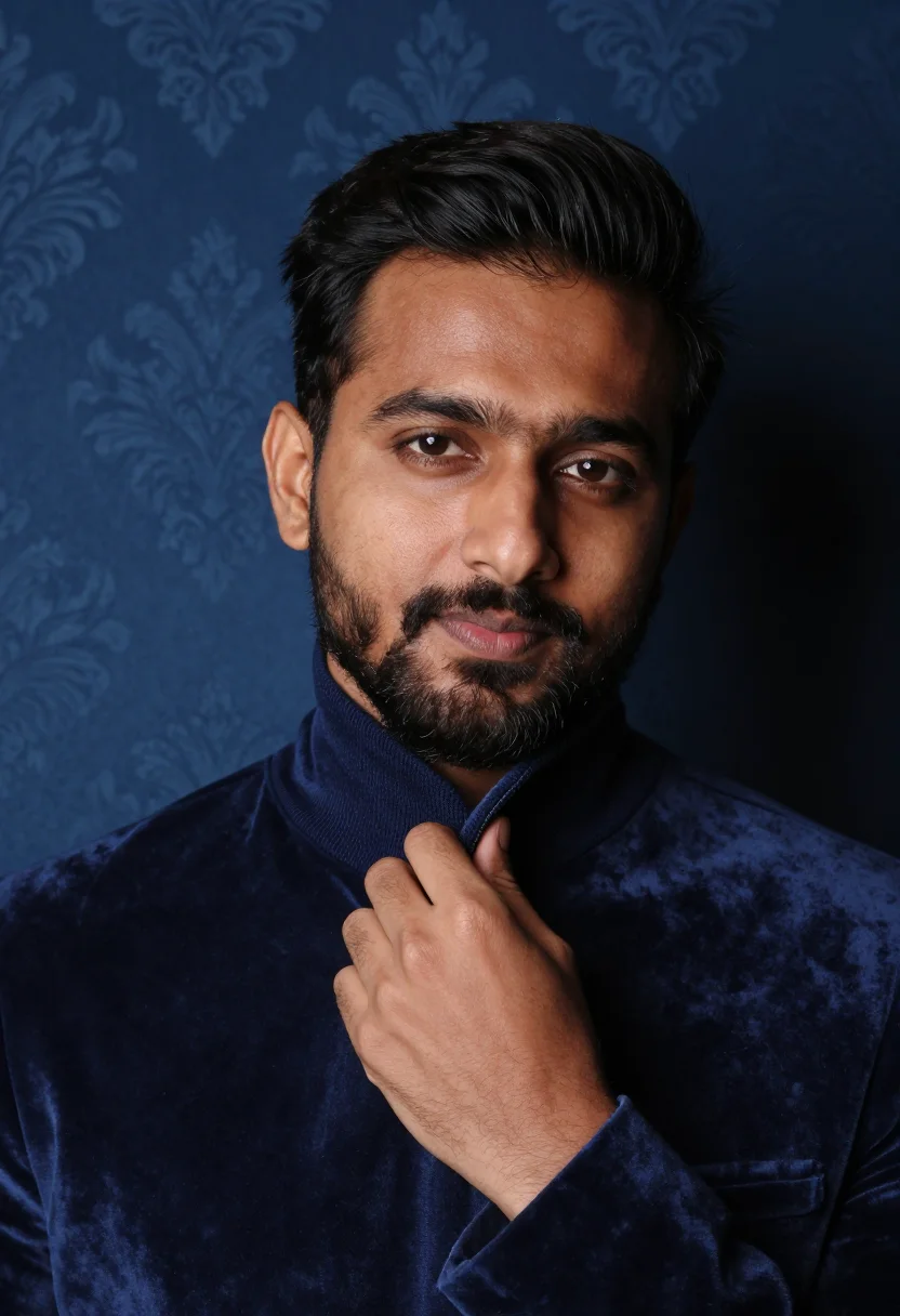 AI theatre foyer midnight sample — portrait of a man, tight headshot of a South-Asian man in hi