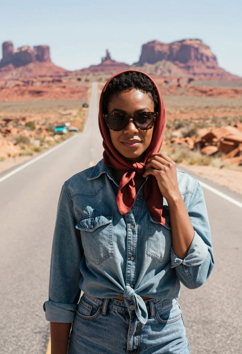AI thelma and louise monument valley denim turquoise sample — portrait of a woman, an African-American woman in her early