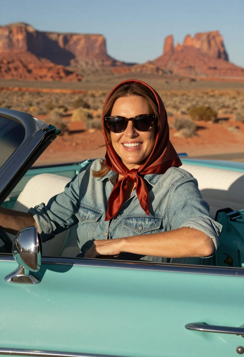 AI thelma and louise monument valley denim turquoise sample — portrait of a woman, an American woman in her early forties