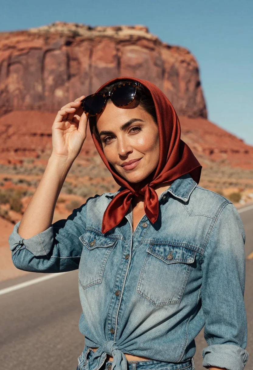AI thelma and louise monument valley denim turquoise sample — portrait of a woman, an American woman in her late thirties