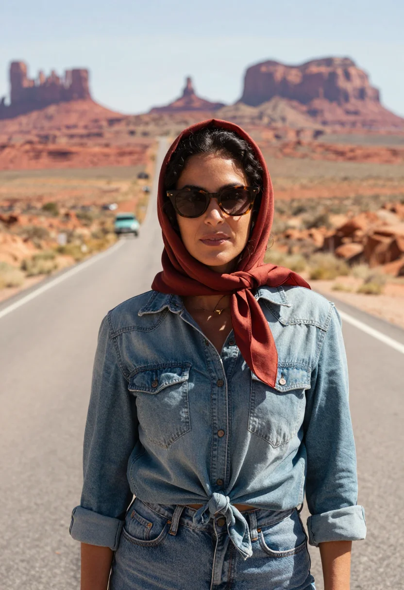 AI thelma and louise monument valley denim turquoise sample — portrait of a woman, an Italian-American woman in her mid-th