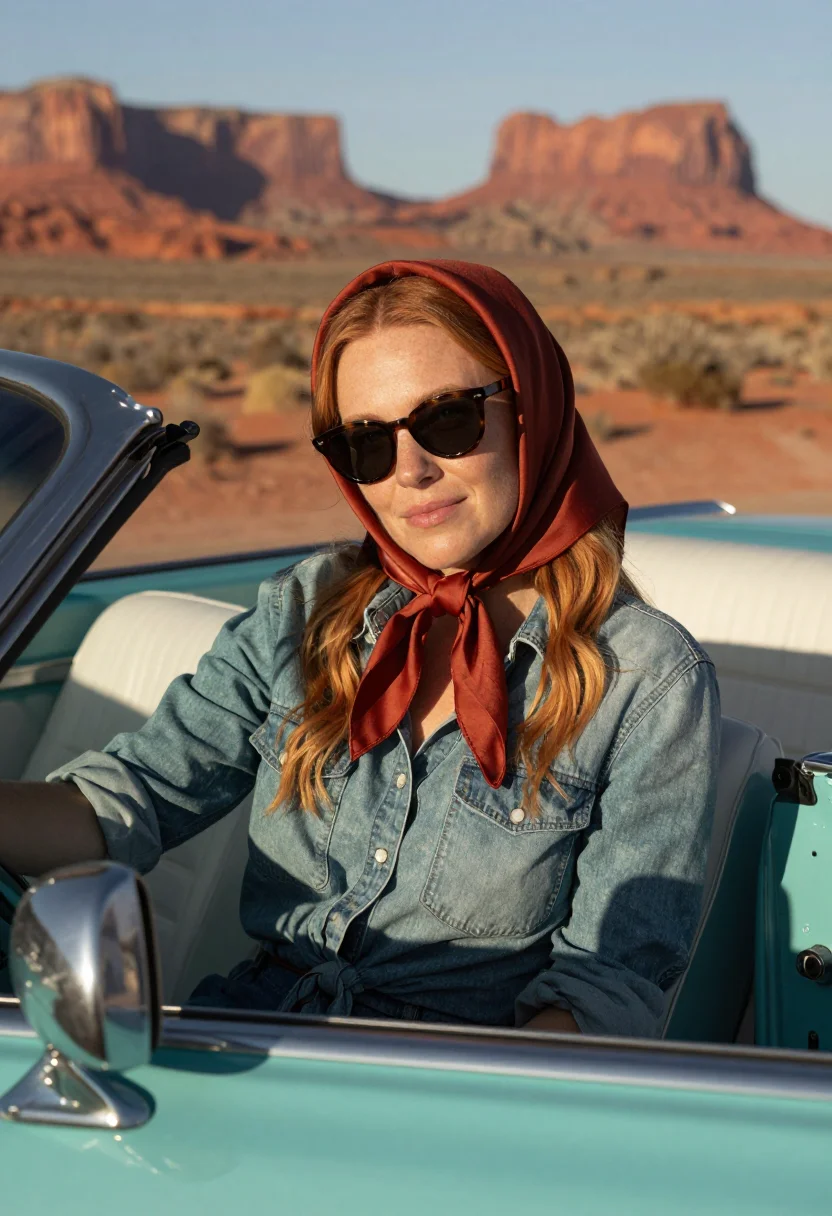 AI thelma and louise monument valley denim turquoise sample — portrait of a woman, an Irish-American woman in her late twe