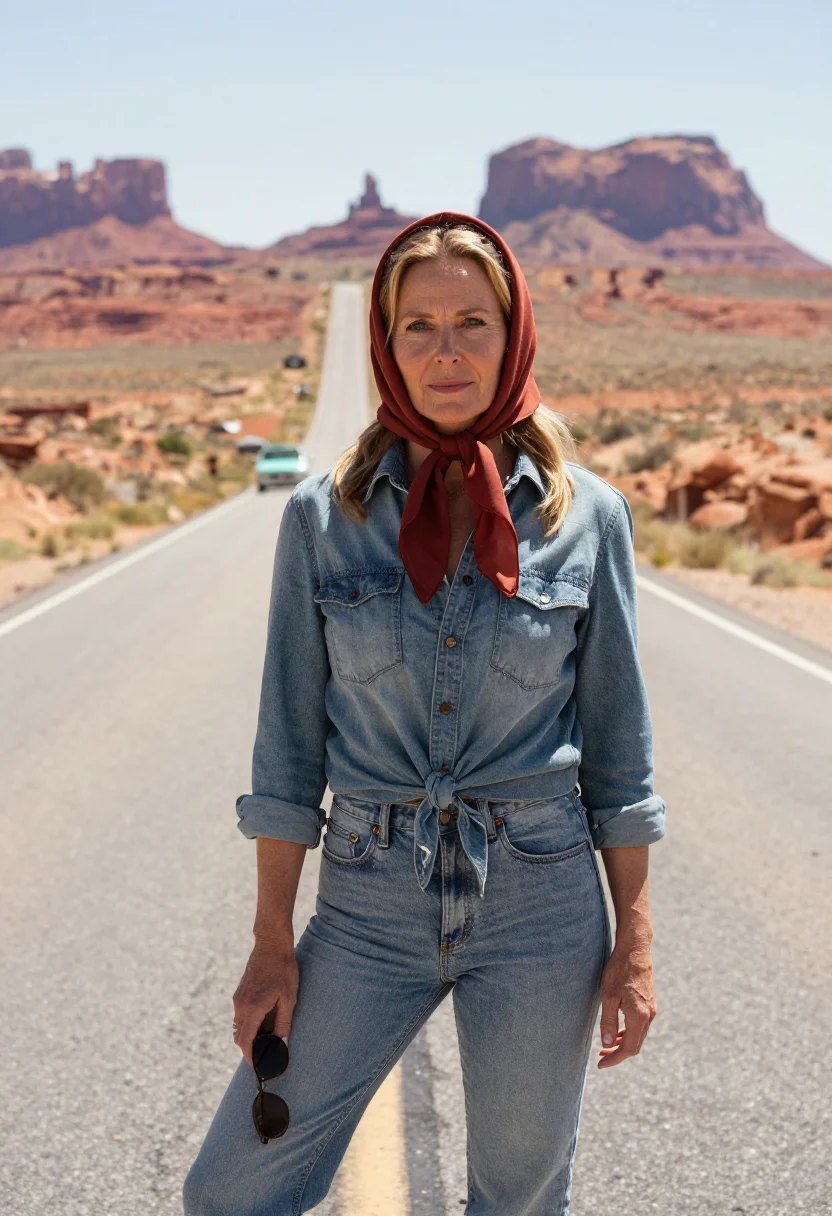 AI thelma and louise monument valley denim turquoise sample — portrait of a woman, an American woman in her late forties w