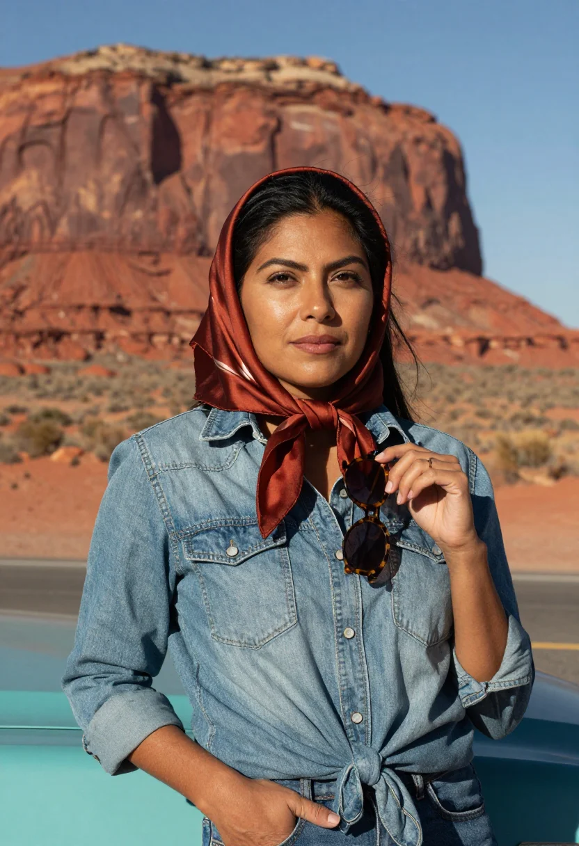 AI thelma and louise monument valley denim turquoise sample — portrait of a woman, a Mexican-American woman in her early t