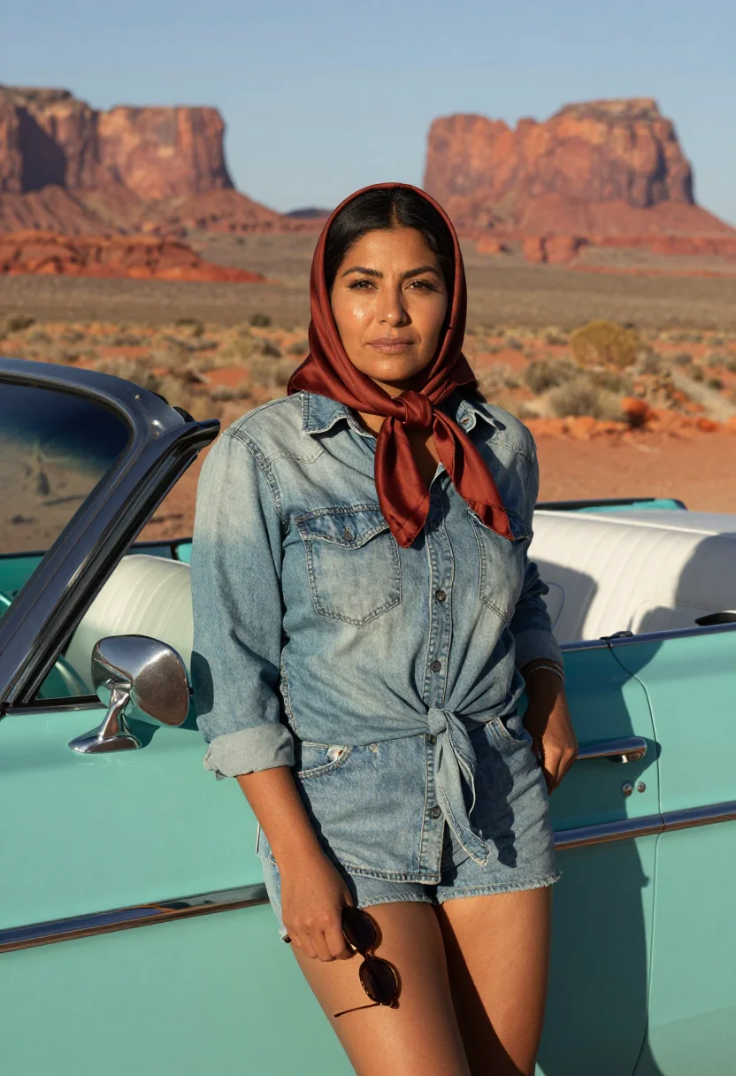 AI thelma and louise monument valley denim turquoise sample — portrait of a woman, a Navajo woman in her early thirties wi