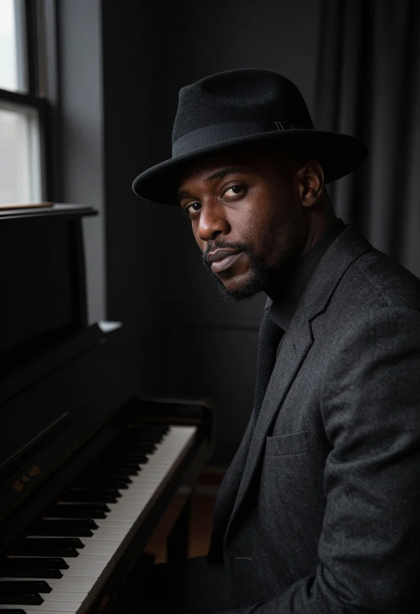 AI thelonious monk harlem january charcoal sample — portrait of a man, framed tight, head and shoulders, the bod