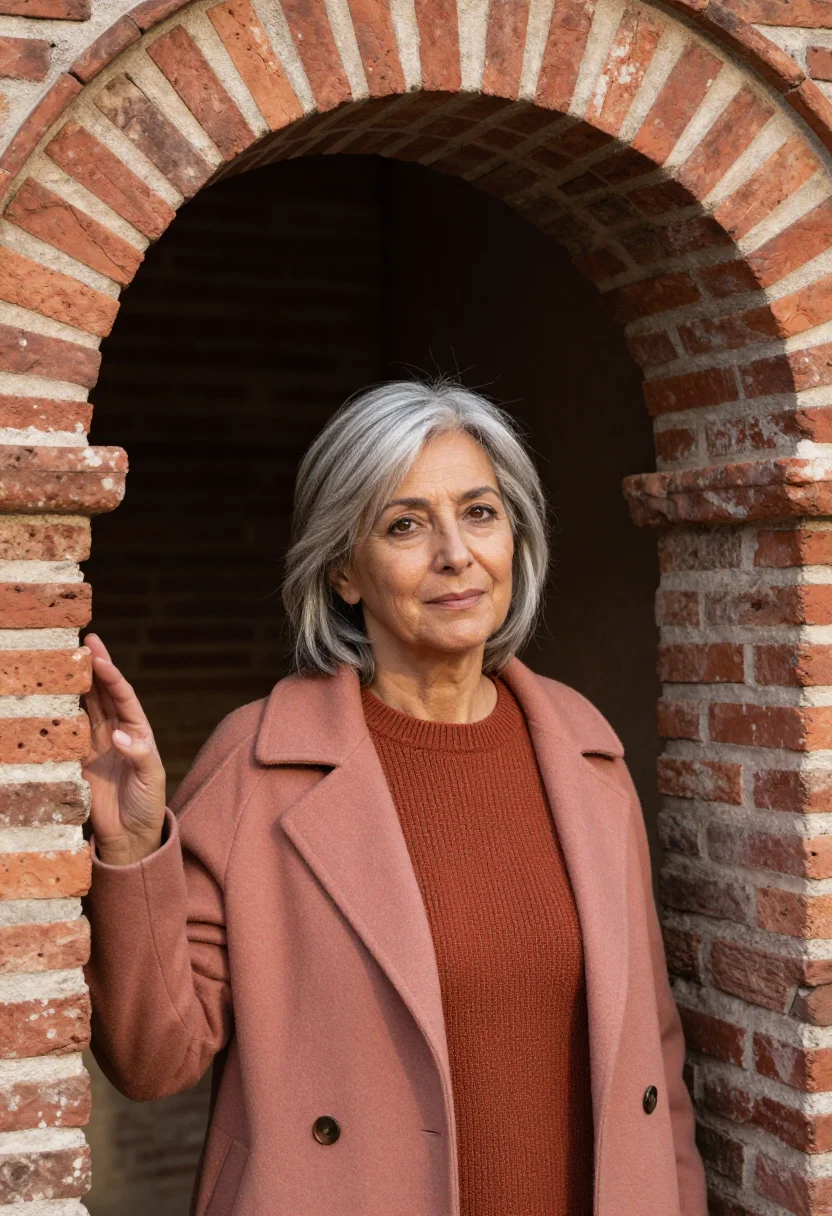 AI thessaloniki professor byzantine brick sample — portrait of a woman, in her sixties with olive skin, brown e
