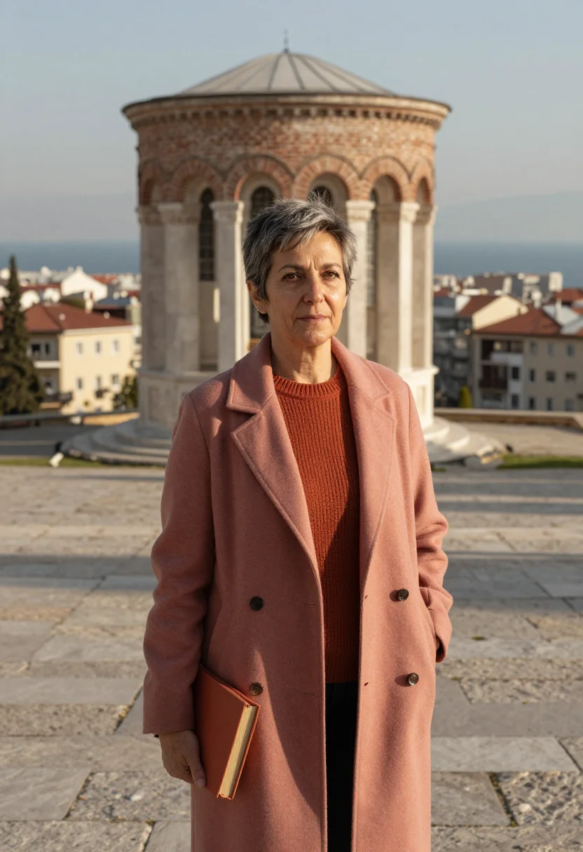 AI thessaloniki professor byzantine brick sample — portrait of a woman, in her fifties with weathered olive ski