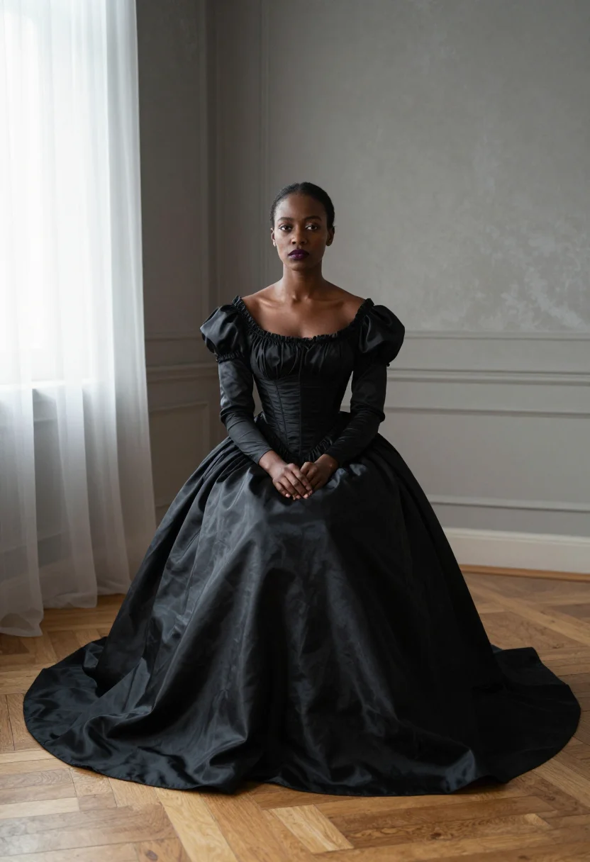 AI theyskens rochas sample — portrait of a woman, full-length frontal view of a Black Fre