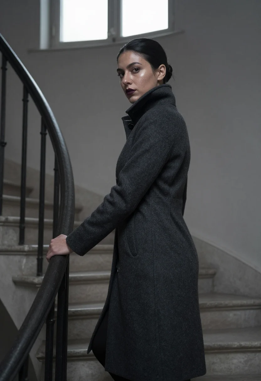 AI theyskens rochas sample — portrait of a woman, half-length profile view of an Italian